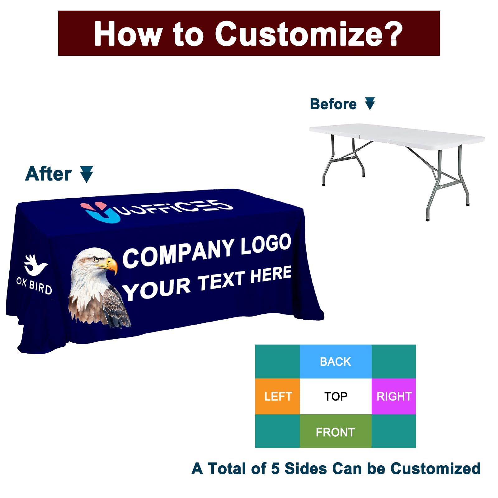 Uoffice5 Custom Table Cloth with Business Logo Custom Tablecloth Personalized Table Cloth with Logo Polyester Customized Table Cover for Trade Show Events Party 4FT