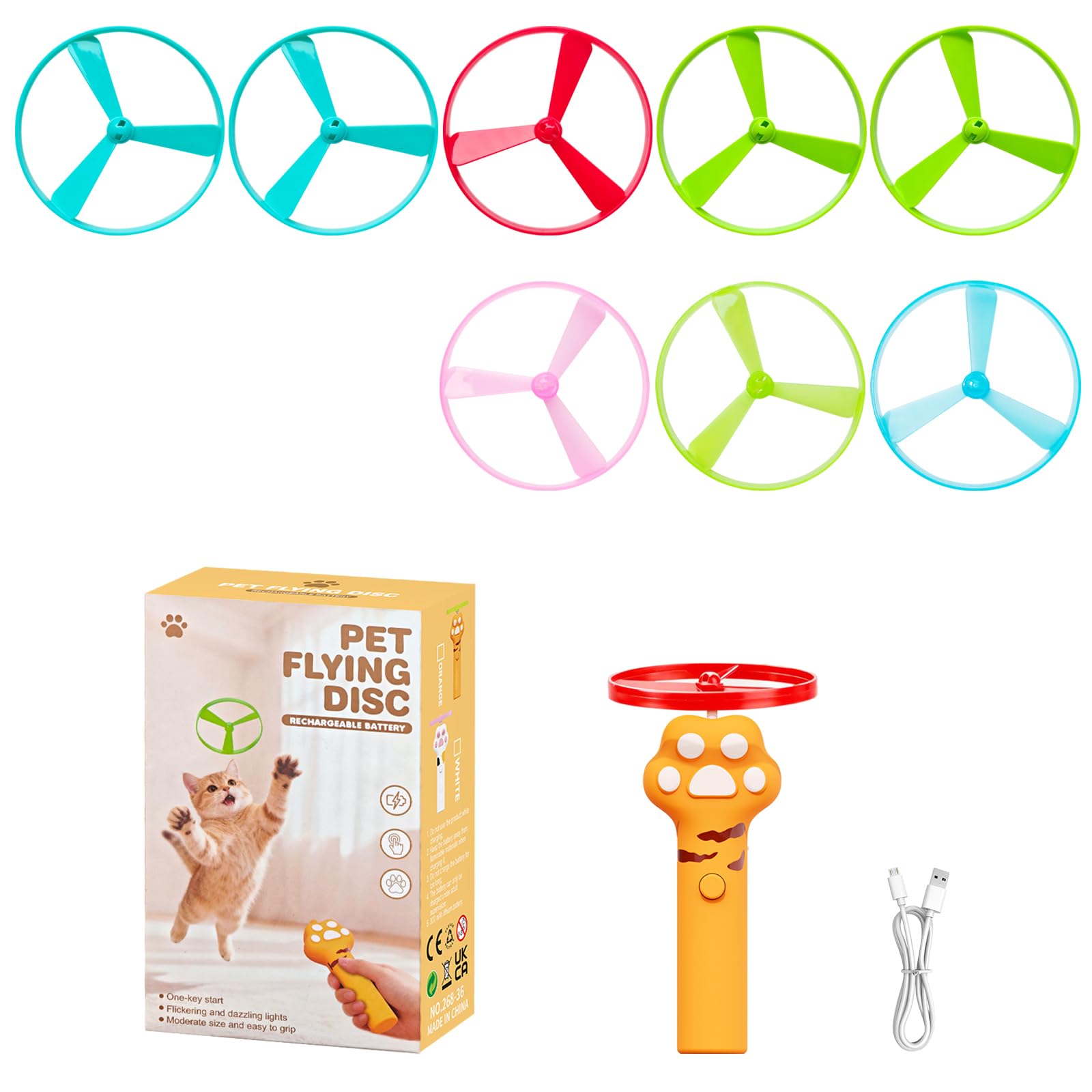 JIARON Lanzador de disco de juguete interactivo recargable para gatos, 8 discos voladores, juguetes de enriquecimiento de caza para interiores y exteriores, gatitos aburridos y gatos adultos con luz