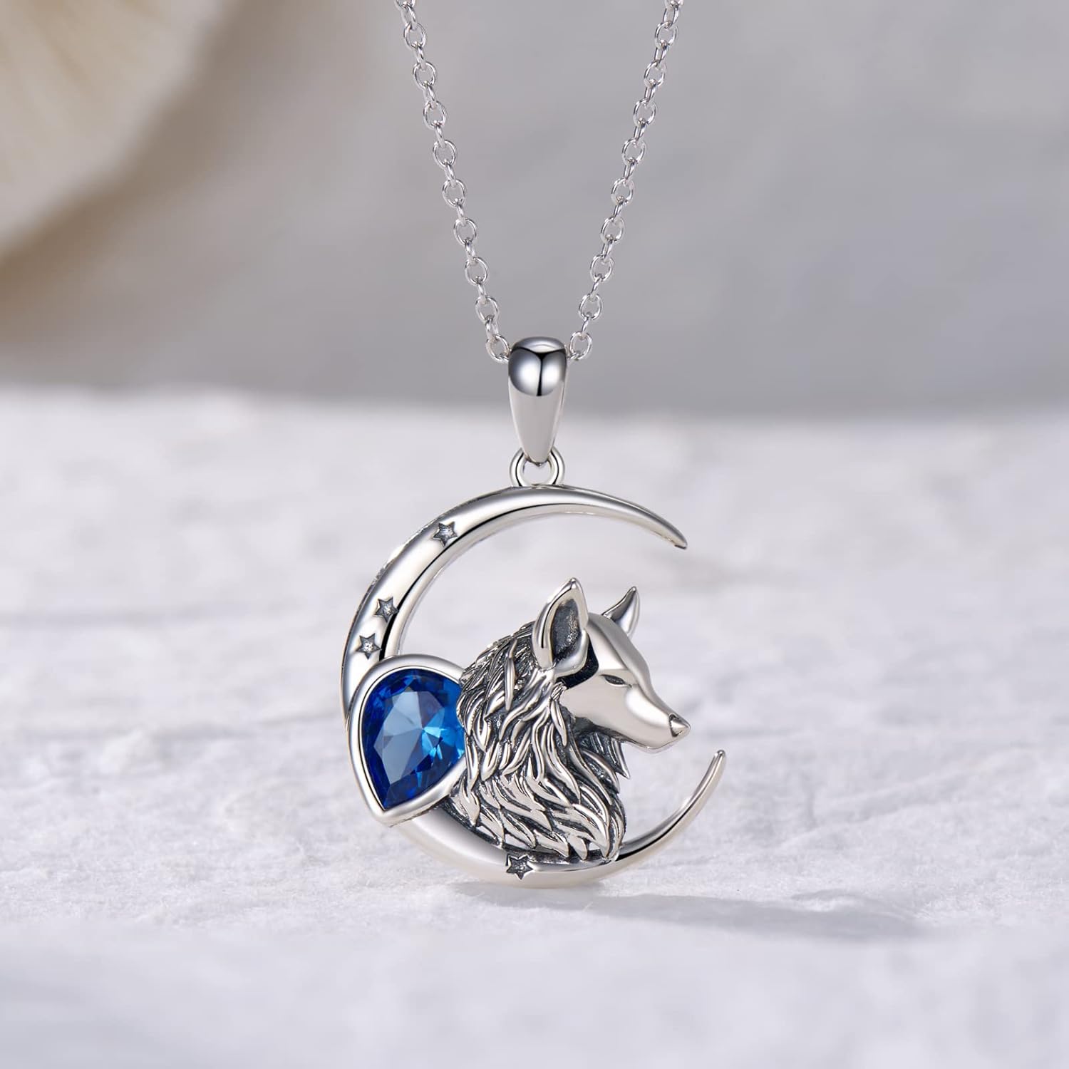 Crescent Moon Star Necklace for Women,925 Sterling Silver Created Blue Cubic Zirconia Wolf Pendant Necklaces,Animal Wolf Jewelry Gifts for Women