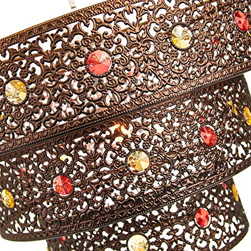 Antique Bronze Acrylic Gem Moroccan Style Triple Tier Ornate Pendant Light Shade Fitting with Red and Amber Beads | 60w Maximum | 30cm Width by Happy Homewares