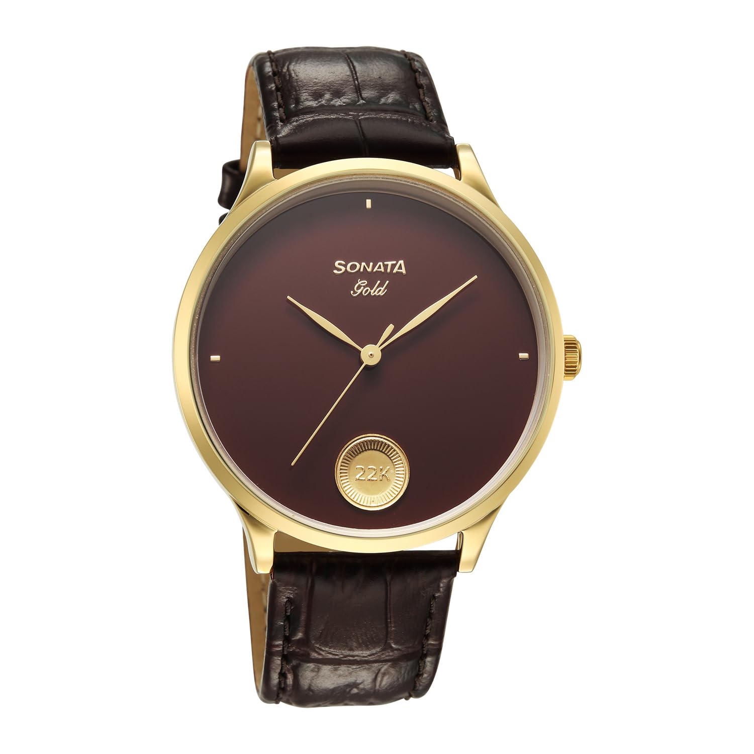 Sonata Gold with Quartz Analog Regal Maroon Dial with 0.15 Gm 22 Karat Tanishq Gold Coin On Dial Brown Leather Strap Watch for Men - 7153YL03-picture-12