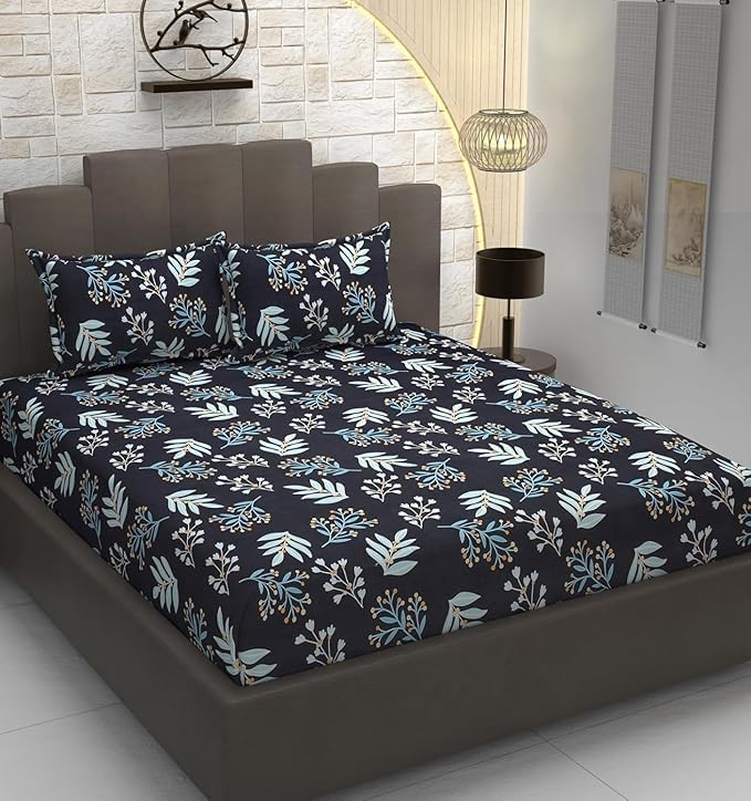 Image of Dahlia Elastic Fitted Glace Cotton Queen Size (78x72x Upto 6 Inches) Bedsheet for Kids with 2 Pillow Covers-200TC (Patti, Blue Color)