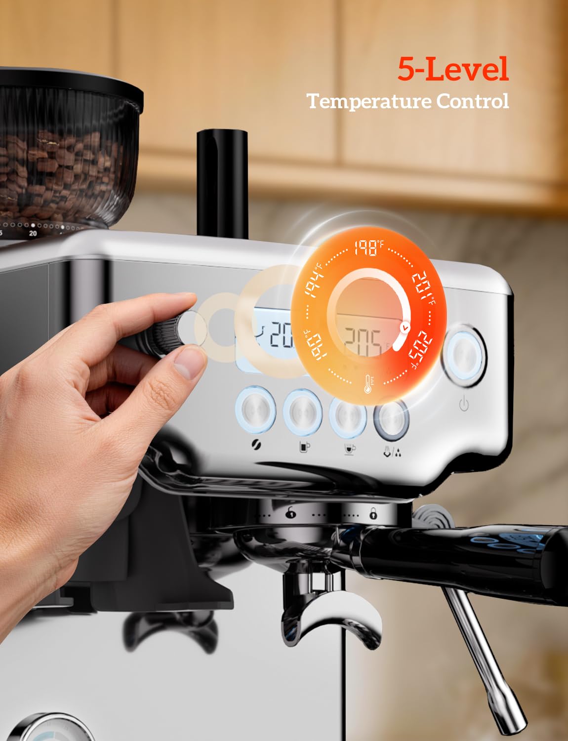 COUPLUX Máquina de café expreso, 4 en 1, máquina de café expreso profesional de 58 mm con amoladora, ajuste de 5 temperaturas y cafetera de café expreso compacta, 15 barras con potente espumador de