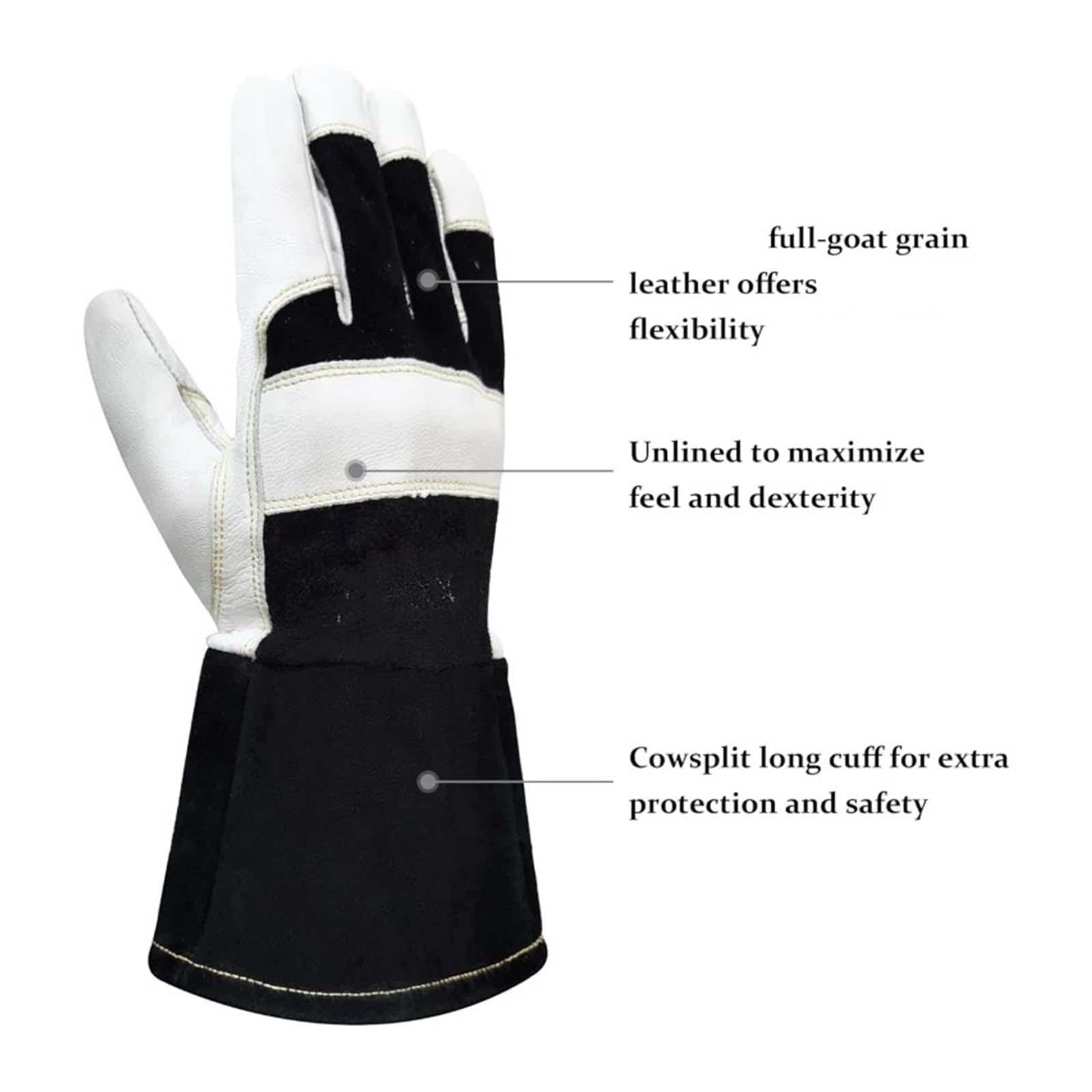 Guantes Soldador Guantes de trabajo seguridad for soldadura TIG, piel cabra, con puño largo, resistentes al calor, a las chispas, en la espalda, 1 par(M)