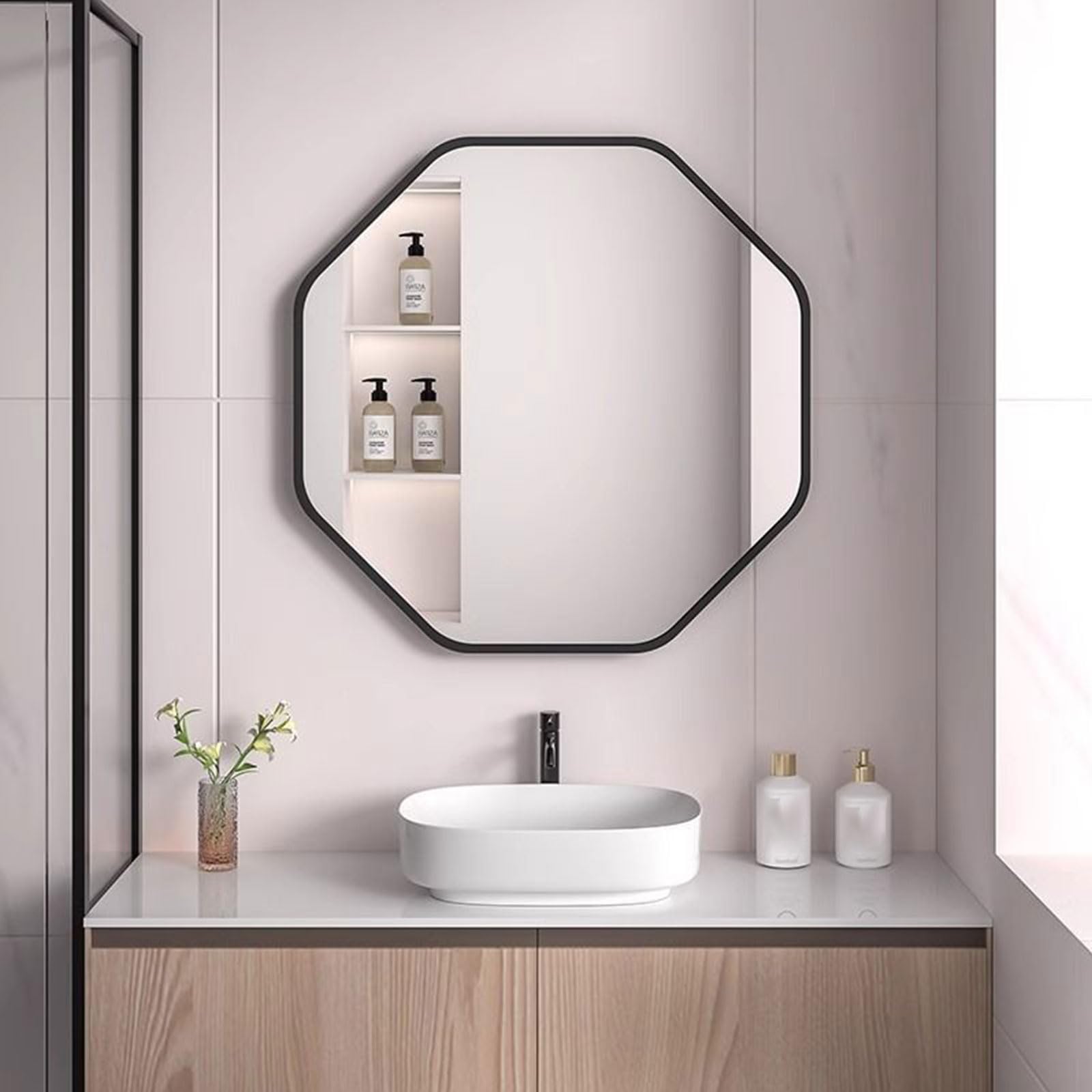SXFSDOU Dimmerable 3-Color Bathroom Mirror, Anti-Fog, Tempered Glass, Touch Switch, 40CM/15.7in, Ottagonal Makeup Mirror for Elegant Vanity Decor