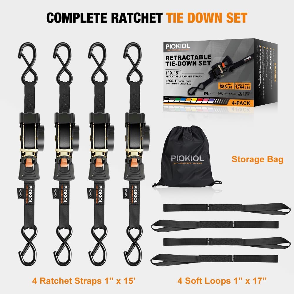 Retractable Ratchet Straps (4-Pack) - 1 Inch x 15 Feet (1,764lb Break Strength) - Heavy Duty Auto Self Retracting Tie Down Straps for Truck, Cargo Trailer, Motorcycle, ATV, UTV - Black
