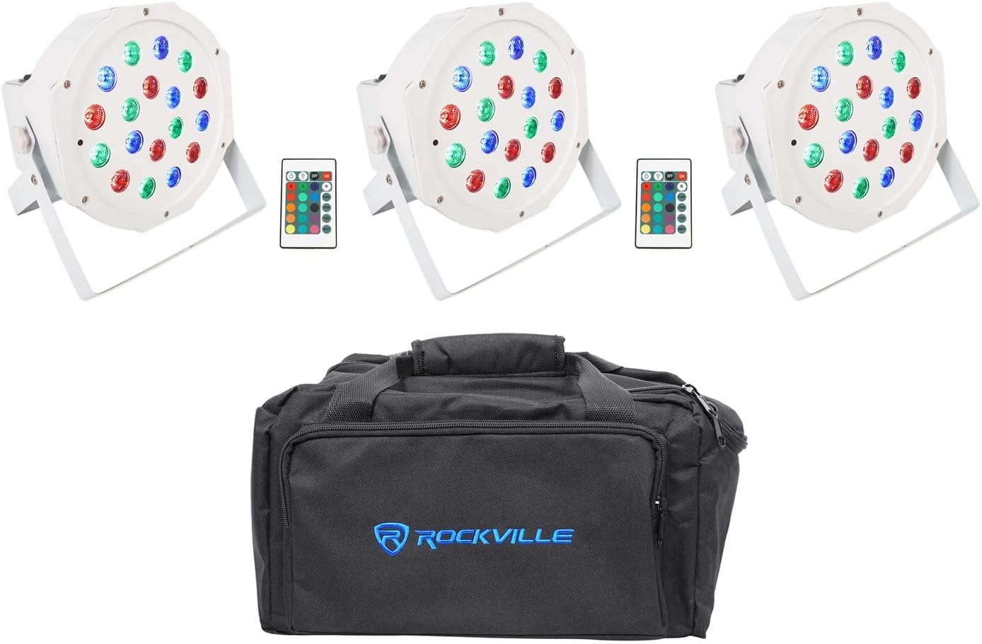 (3) Rockville Battery PAR 50 White Rechargeable LED DMX DJ Wash Up-Lights+Bag
