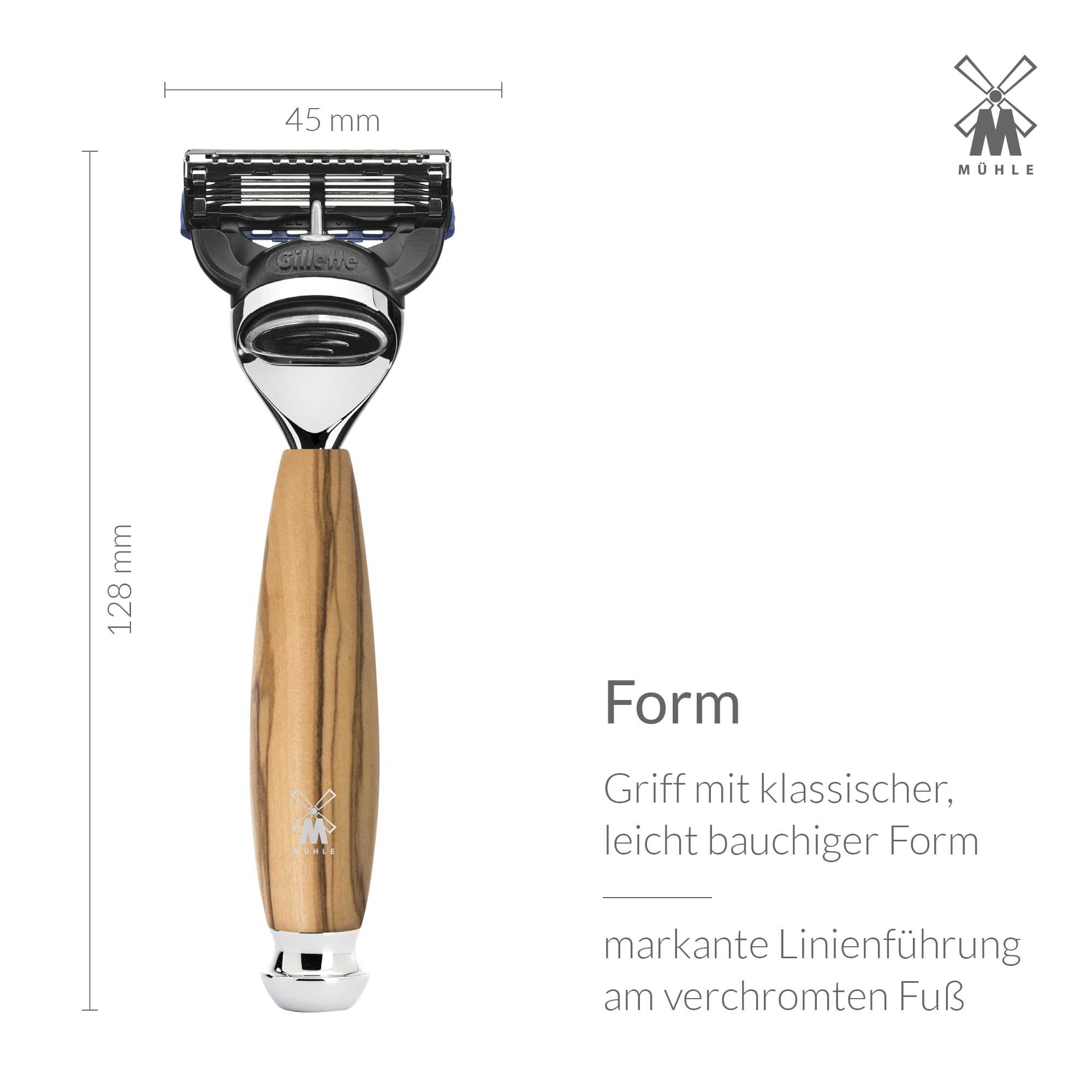 MÜHLE Vivo Rasierset - Rasierer kompatibel mit Gillette-Klingen, Rasierpinsel reines Dachshaar, Halterung, Olivenholz Griff