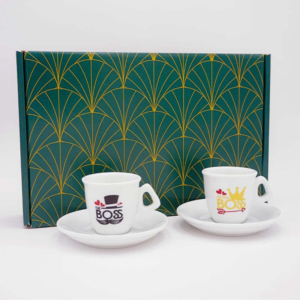 BrandPrint Set 2 Tazzine Caffè con Piattino - Serigrafia Artigianale THE BOSS, THE REAL BOSS in Box Elegante - 100% Made in Italy - Regalo Coppia San Valentino, Anniversario, Casa Nuova, Matrimonio