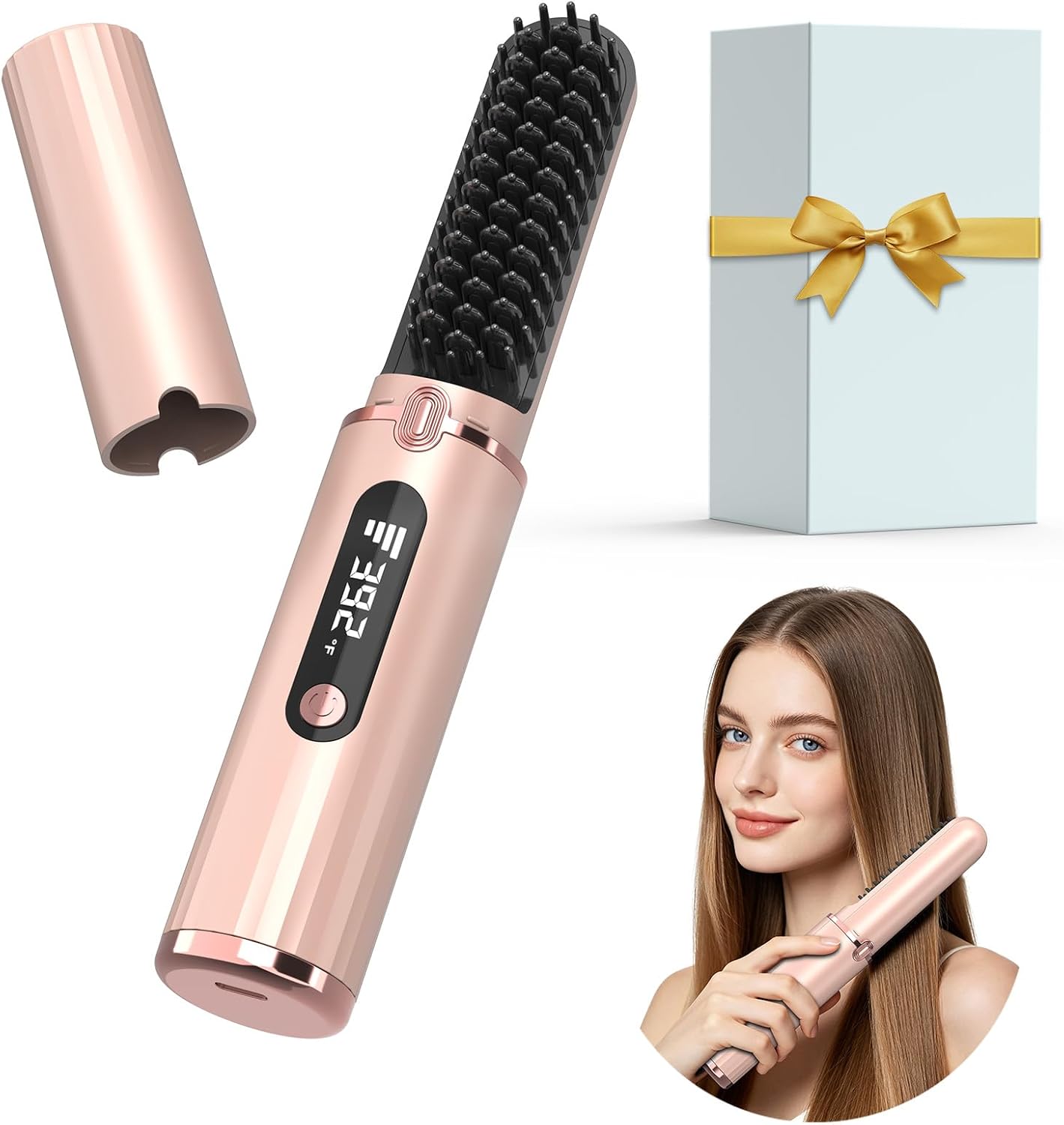 Cordless Hair Straightener Brush, Portable 4500mAh Rechargeable Straightening Comb, MCH Fast Heating, 140-200℃ 4 Temp, Anti-Scald, 40W Type-C Travel Wireless Hot Comb with LED Display for Women (Pink)