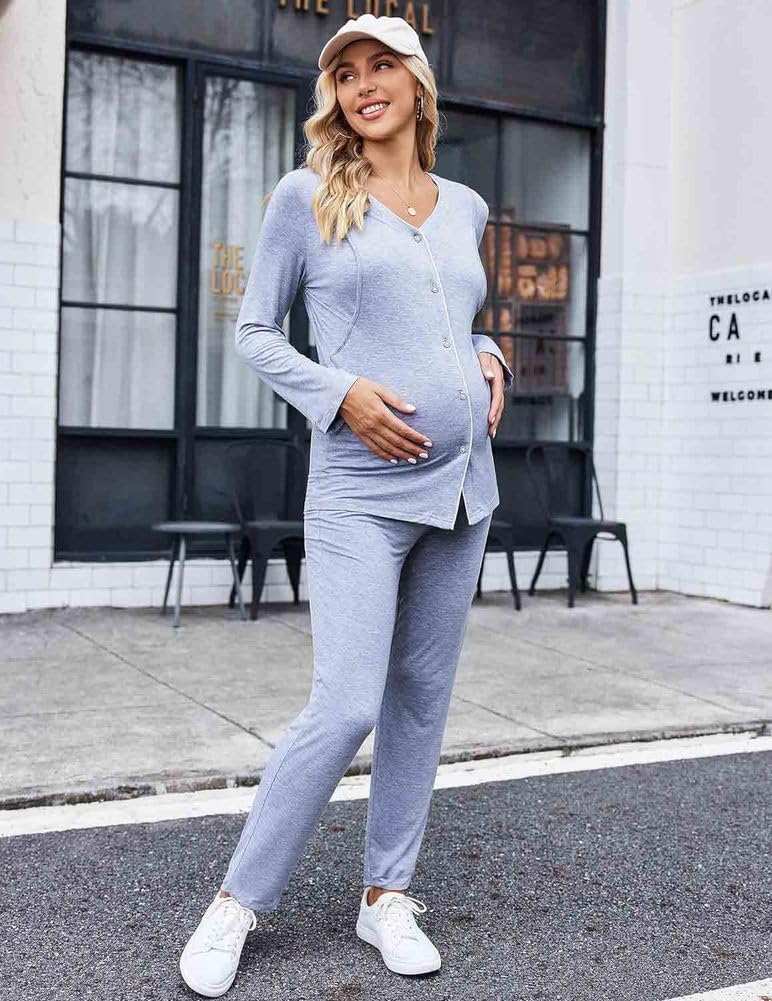 Mutterschaft Pflege Pyjamas Set Button-Up, Super Soft Langarm Gestreifte Nachtwäsche Stillen Loungewear Nightie Pjs für Schwangere Frauen Home Hospital,Grau,L