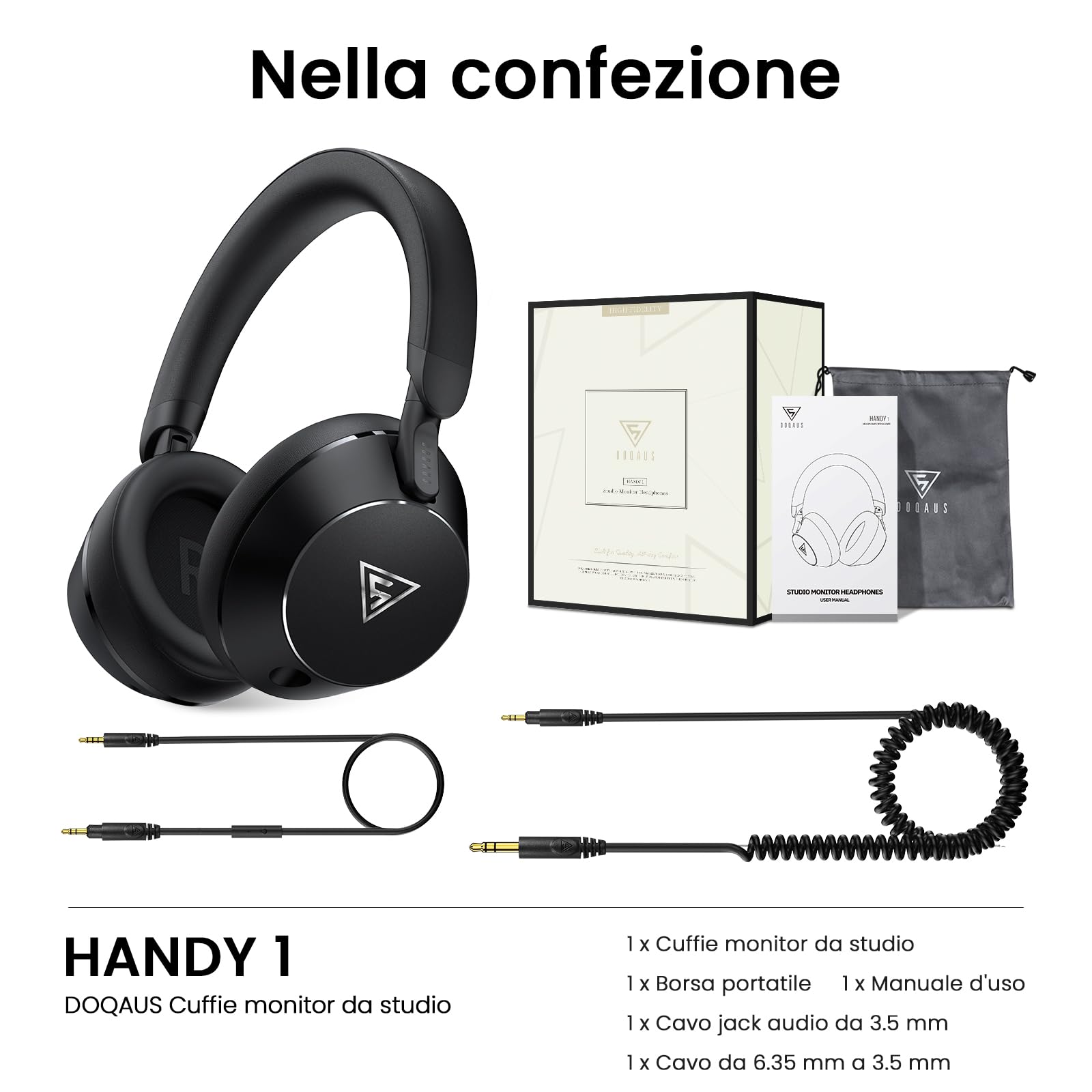 DOQAUS Cuffie Over Ear, Cuffie con Filo per DJ, Studio e Monitoraggio Audio, Suono HiFi Bilanciato, Comfort Prolungato, Compatibili con PC, Mixer e Strumenti – Professionali Cuffie DJ con Cavo, Nero