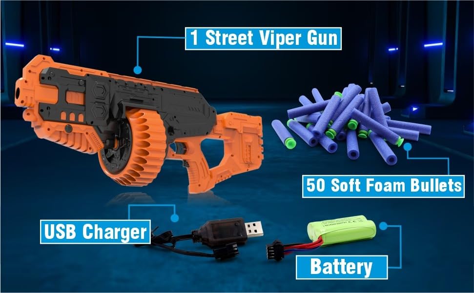 Image of Chanak Street Viper Big Blaster Motorized Dart Gun Toy Includes 50 Soft Foam Bullet Darts, 60-Foot Firing Range, Rechargeable Electric Battery Design for Boys Girls, Above 8+ Age(Black-Orange)