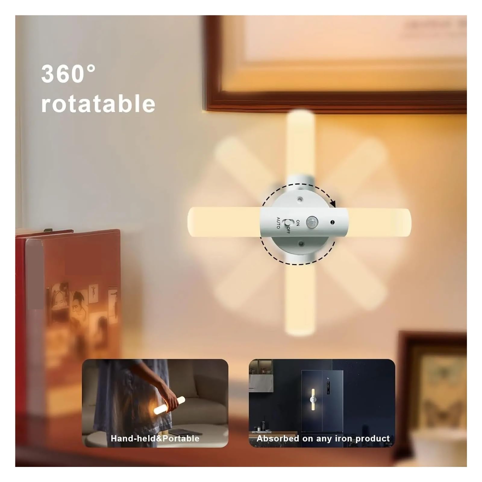 Lámpara De Pared LED Inalámbrica Recargable Con Sensor Movimiento Y Luz Nocturna Rotación 360°, Magnética, For Habitación, Cocina, Escaleras Armarios Fácil de instalar
