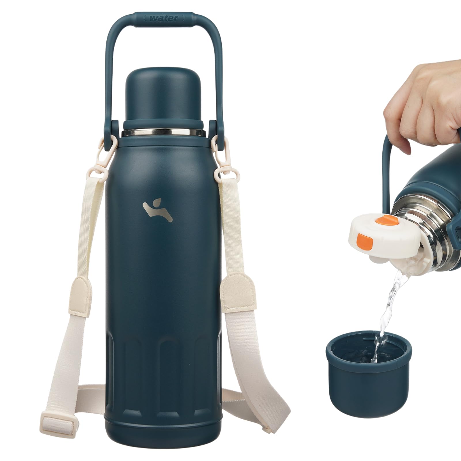 Botella de agua aislada con asa y correa, vaso de viaje al vacío con tapa de taza, taza de café térmica para bebidas frías y calientes, 50 onzas, azul marino
