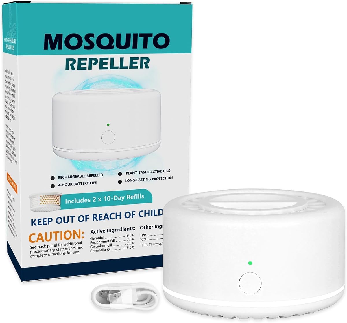 Rechargeable Mosquito Repeller with Night Light, Plant-Based Refill, 30ft Protection Zone, USB-C Powered, Indoor Outdoor Use for Camping, Patio, Travel (2 Refills)