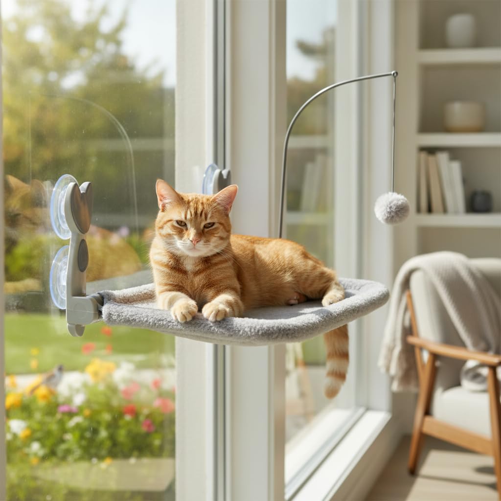 Gatti con Ventose Pieghevole, 灰色四季款（配逗猫棒）, 30 * 60cm | Fissaggio a ventosa, Cuccia Gatto Relax, Spazio dedicato gatto, For famiglie con gatti