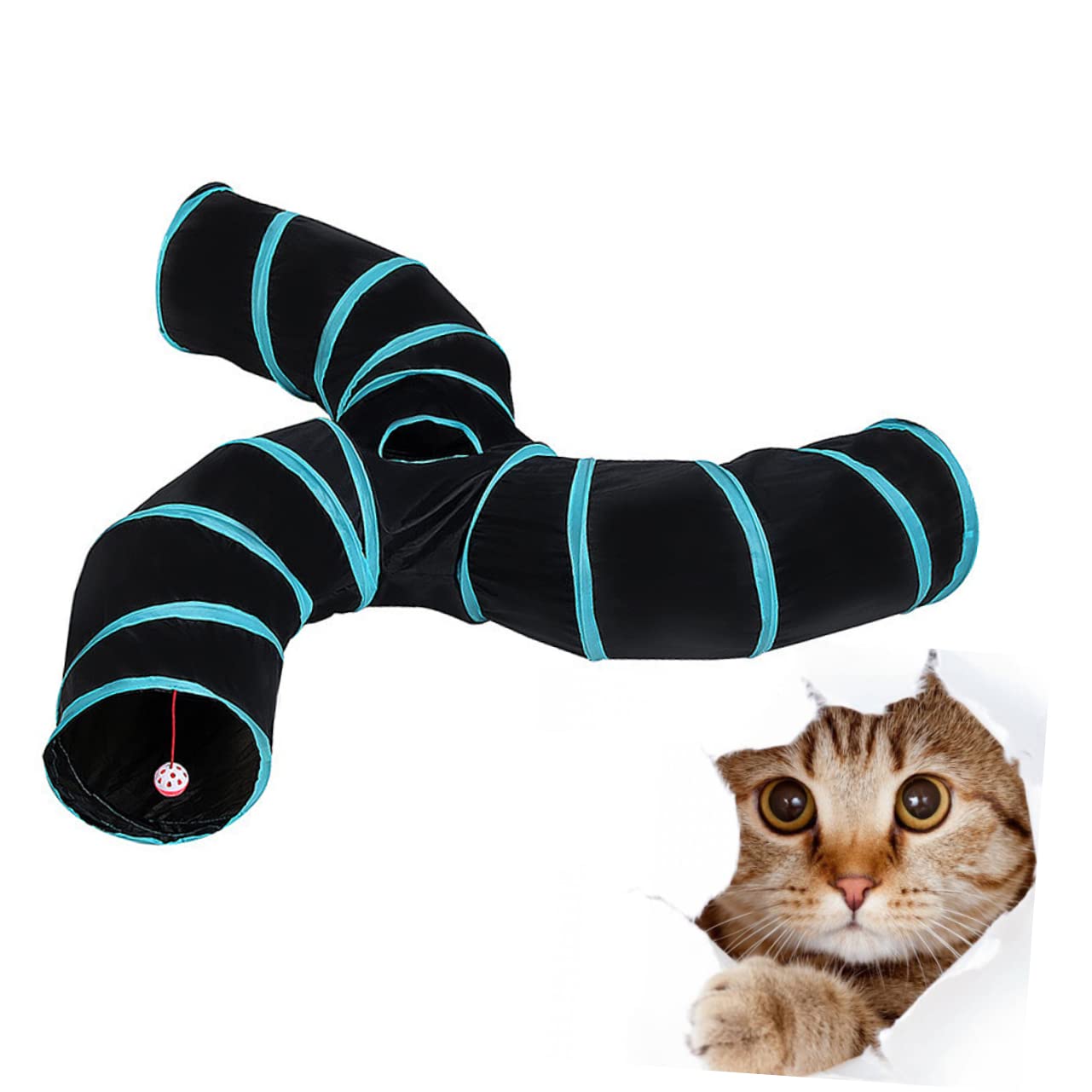 Tunnel per Gatti S a Tre Vie Pieghevole in Poliestere | Nero, Design a Righe, Portatile e Interattivo, per Gioco Felino Domestico