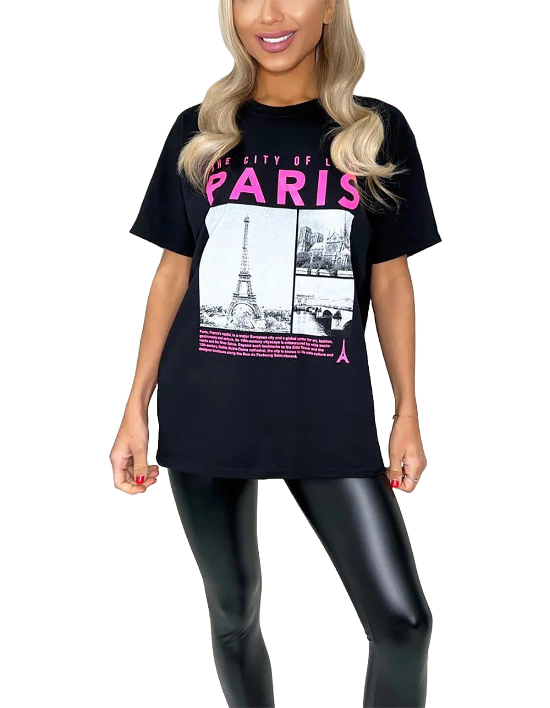 Asfashion Online Women's Black Short Sleeve The City Of Love Paris Printed T Shirt Loose Fit Crew Neck Summer Tops ( Uk 8-10)