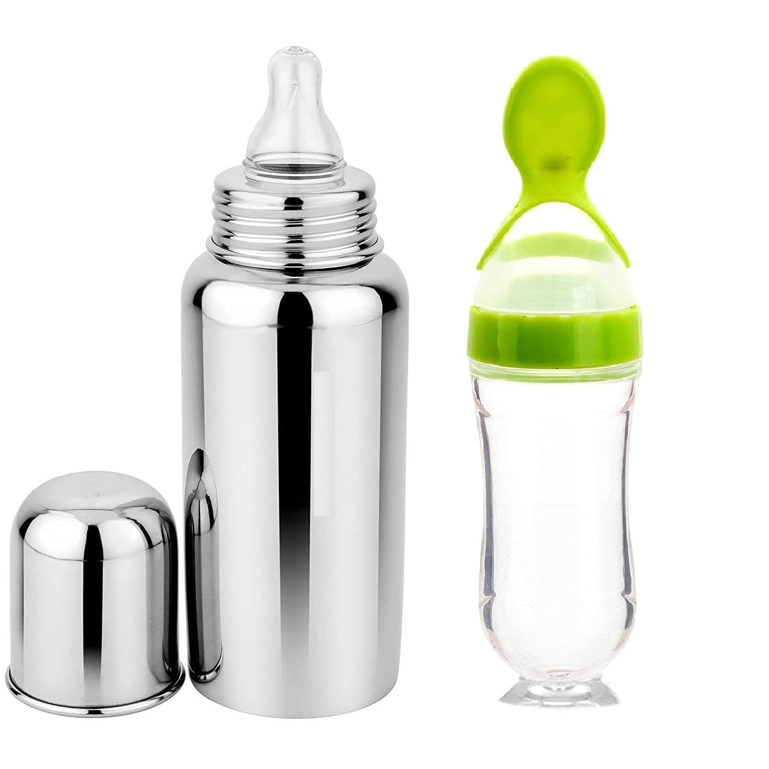 Drisona Baby Premium Steel Bottle for Milk Feeding & Green Silicone Squeezy Spoon Bottle for Food Feeder BPA Free, 304 Grade Steel Soft Silicone pacifier for Infants Newborns of 0-2 Years (Pack of-2)