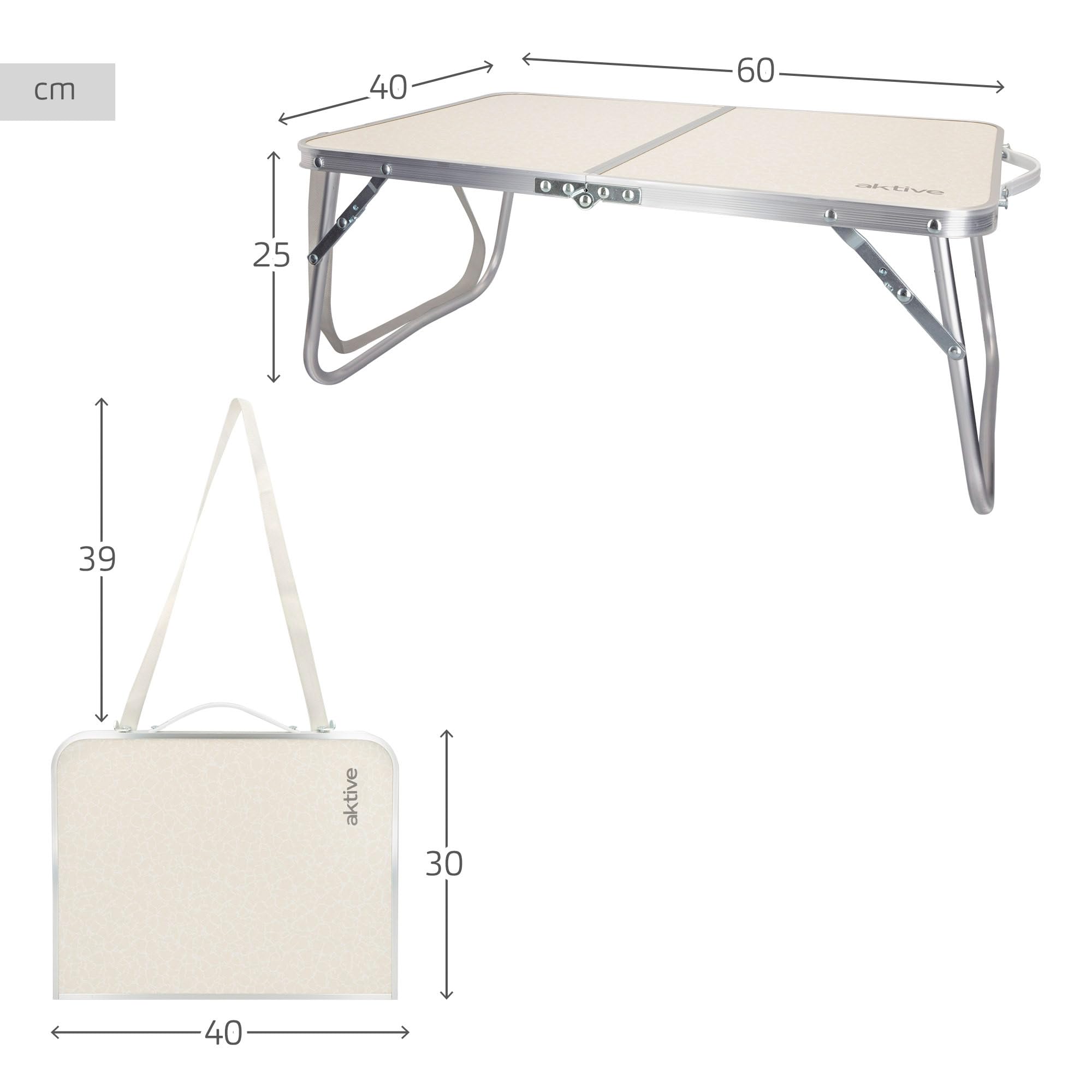 AKTIVE Tavolo da spiaggia pieghevole, Tavolo da spiaggia basso, 60x40x25 cm, colore crema, struttura in metallo, piano in legno, piccolo tavolo da campeggio pieghevole, blocco di sicurezza, Campeggio