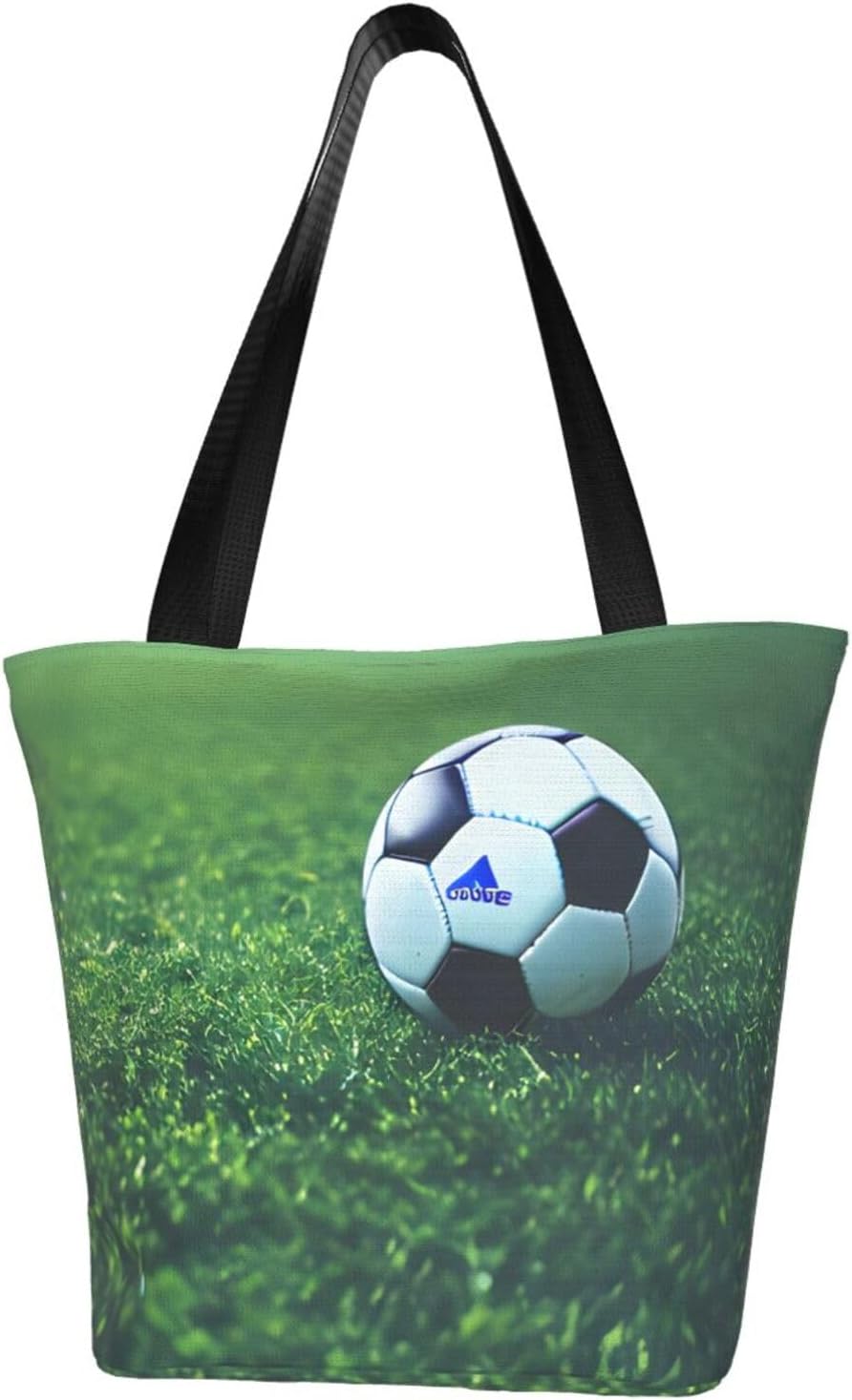 Soccer Ball On Grassy Print Comfortable Summer Shoulder Bag Canvas Tote Travel Beach Hiking Shopping Weekend