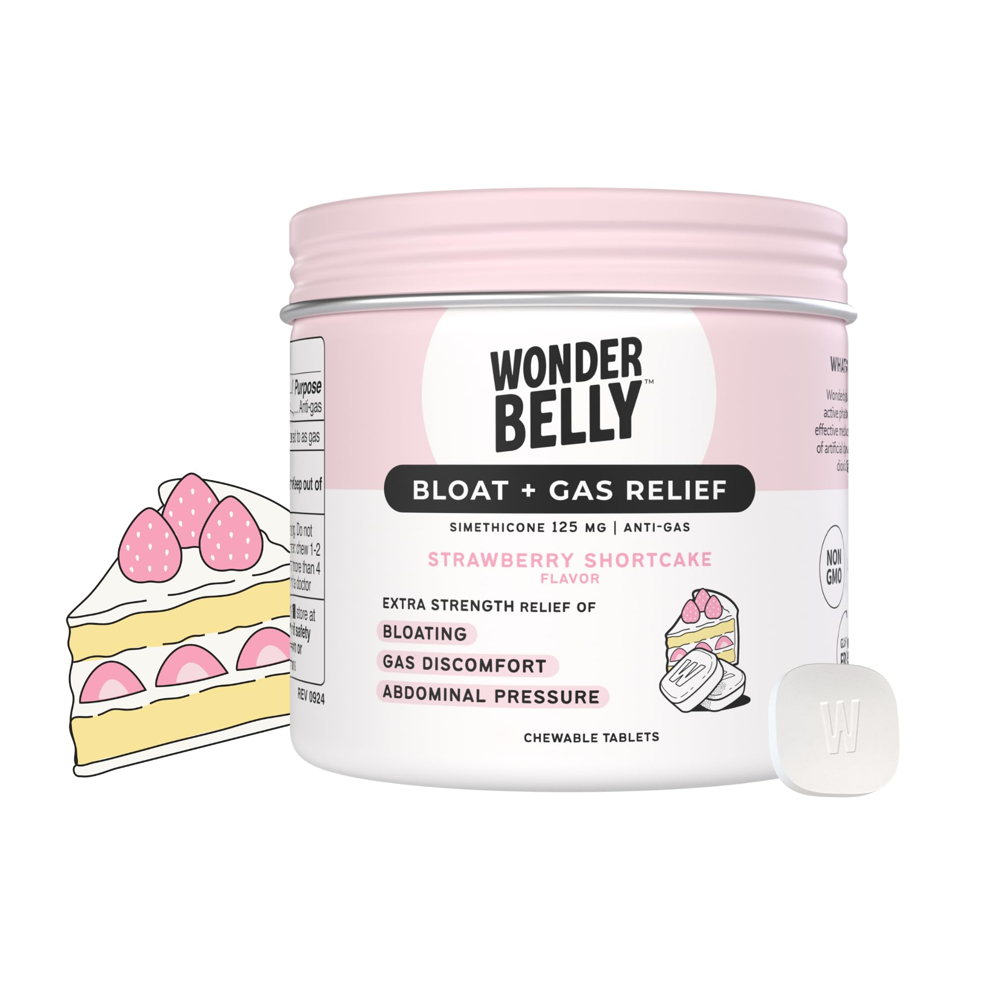 Wonderbelly Bloat + Gas Relief, Extra Strength Chewable Tablets, with 125 mg Simethicone, No Talc or Dye, Strawberry Shortcake, 35 Count