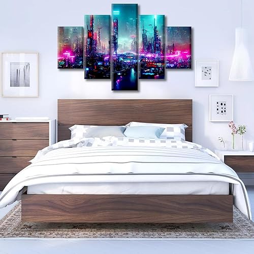 Miniatura 3 de Lienzo de 5 paneles para pared, diseño de ciudad futurista Cyberpunk llena de luces de neón por la noche, imagen para sala de estar, estilo retro