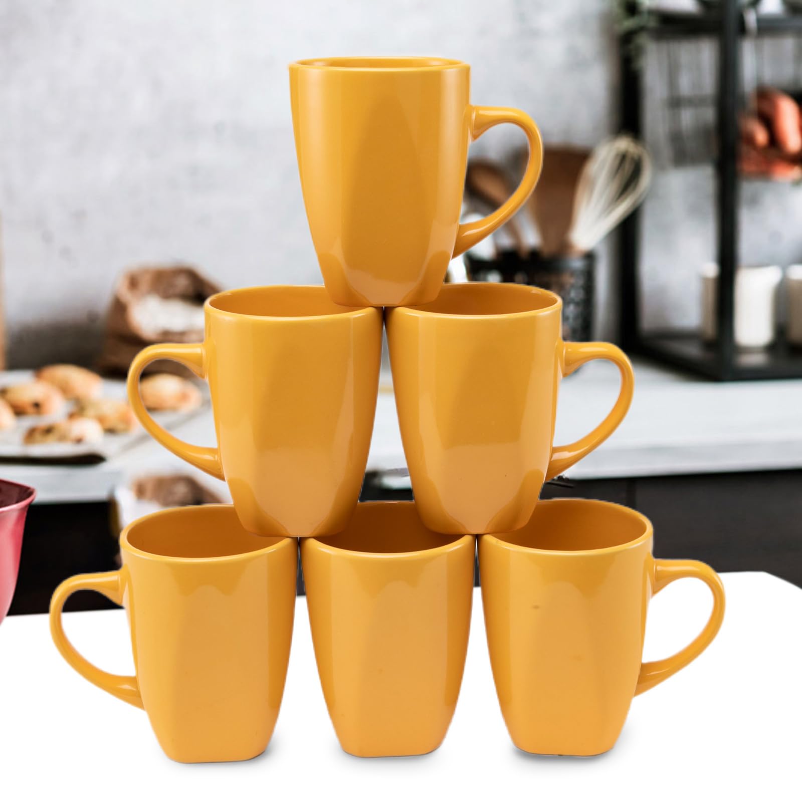 Coffee Mug Set of 6, 12 Ounce Square Coffee Mugs with Handle, Porcelain Coffee Cups for Coffee, Tea, Cocoa, Milk, Housewarming Gift (Yellow)