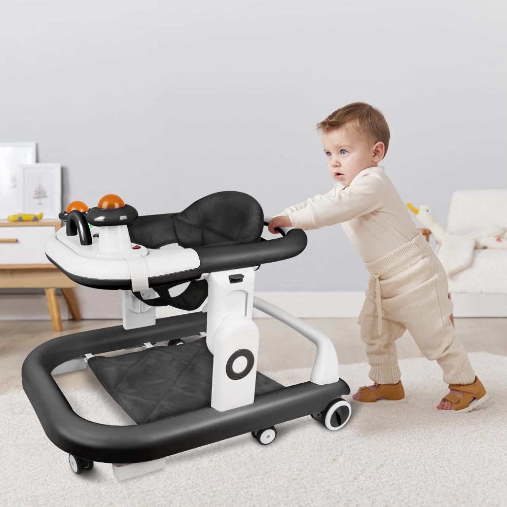 Trotteur Bébé Pliable, 3 Niveaux de Réglage en Hauteur, Boîte Musicale Démontable Transformable en Plateau Repas, 6 Roues Anti-Bascule, Tapis de Pied, Dim 67 * 57 * 46cm (Noir)