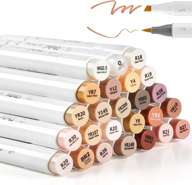 24 Skin-Tone Colors Alcohol Markers, Ohuhu Brush & Chisel, Sketch Art Marker, Alcohol-Based Brush Markers for Student and Adults' Coloring, Illustration, Mid-Tone Skin Tone and Hair Shades Marker Set