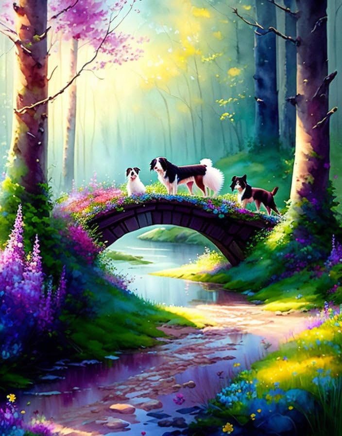 Tableau border collie forêt vieux pont en bois affiche murale 58x90 cm