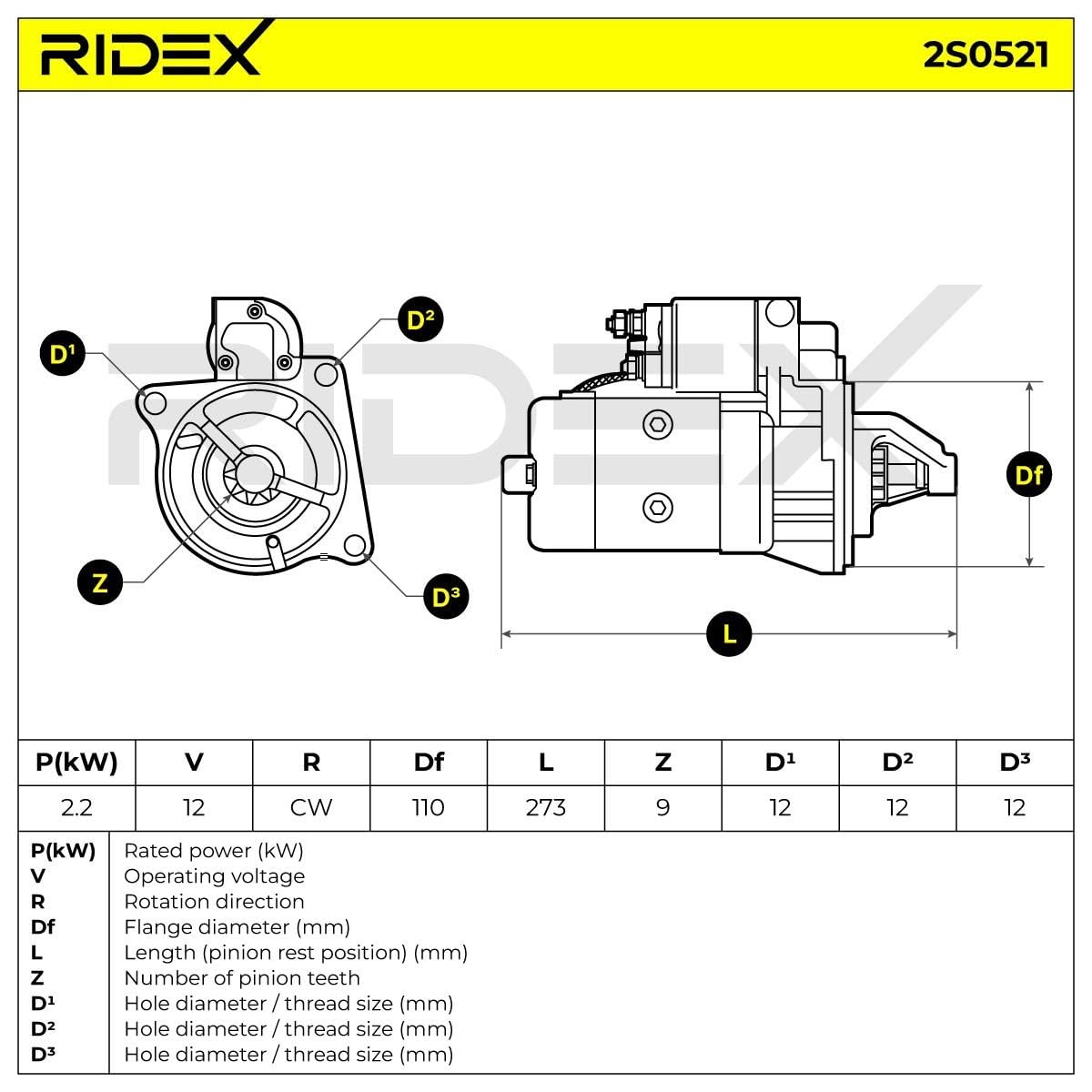 Rozrusznik RIDEX 2S0521 2,20kW 12V Kompatybilny z RENAULT TRUCKS Messenger Naczepa Messenger Van/Kombi B nadwozie pełne/kombi Messenger Burtowy Ciężarówka/Podwozie B platforma/podwozie