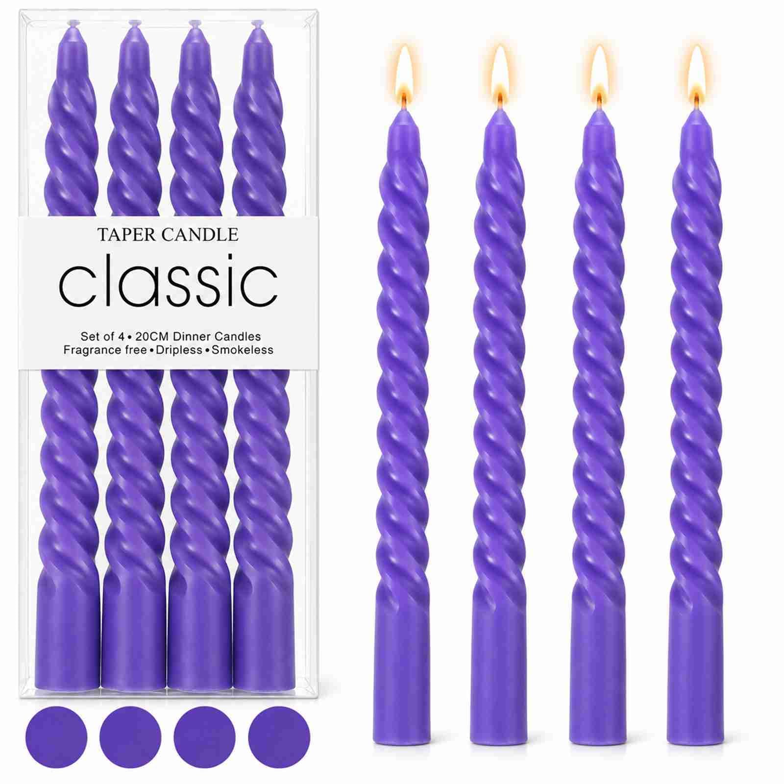 Twisted Taper Dinner Candles, Purple Spiral Candlesticks, 20 cm, 4-Pack