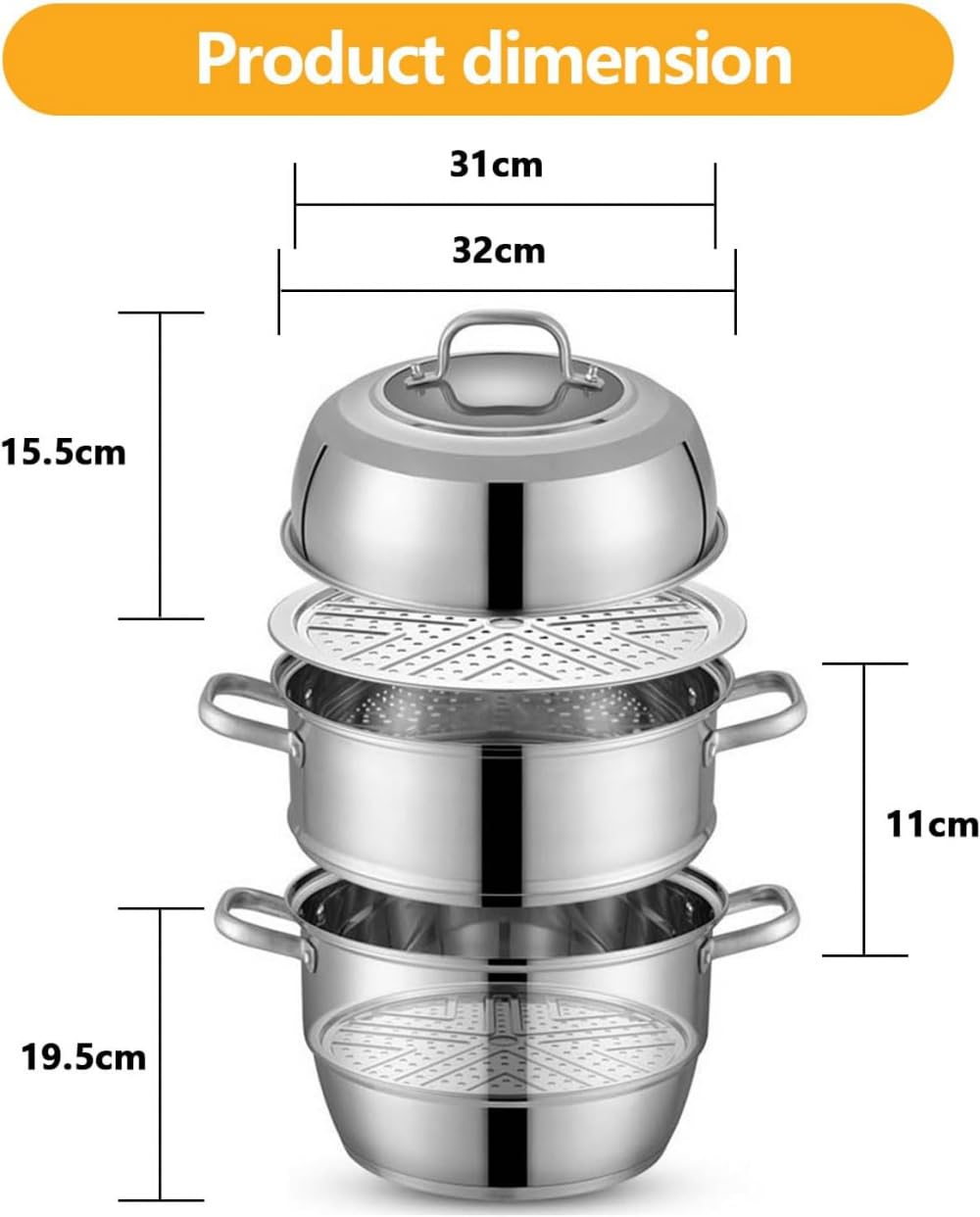 Cuiseur vapeur, acier inoxydable 304 maison cuiseur vapeur/pot à soupe 3 couches 28/30/32/34/36/38/40 cm cuisinière à gaz à inducteur compatible épais (taille : 40 cm