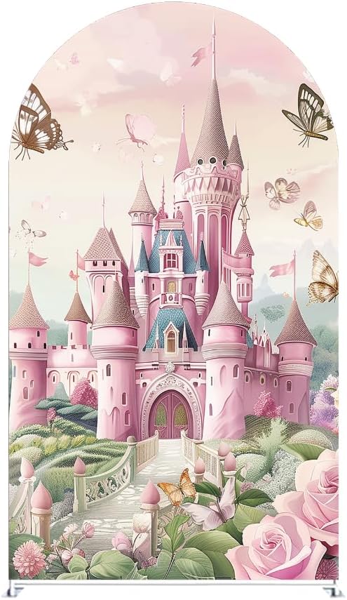 Pink Princess Castle Arched Backdrop Cover for Girls Birthday Party Floral Butterfly Arched Stand Covers Fantasy Fairy Tale Wonderland Theme Decorations