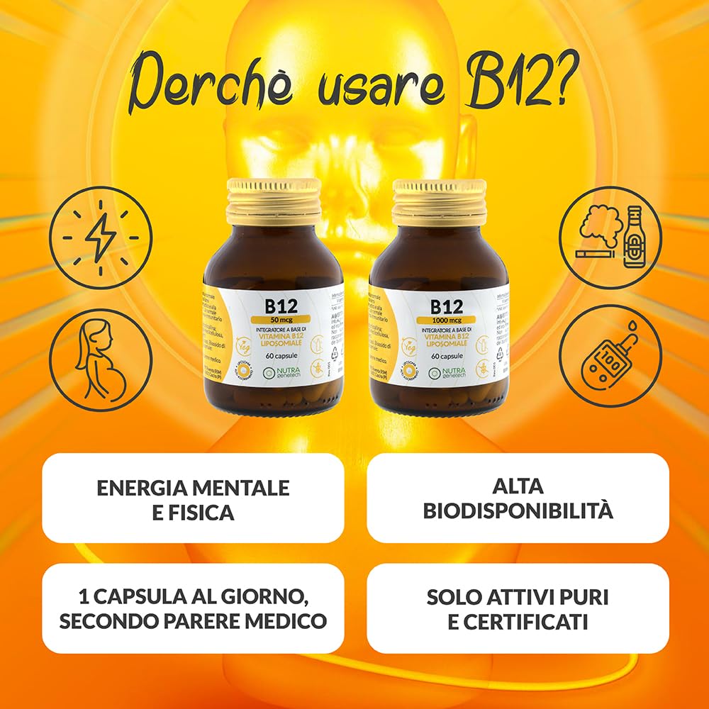 Vitamina B12 Liposomiale 1000 mcg | Metilcobalamina ad Alta Biodisponibilità | Integratore in Capsule | Vegano | Supporto Energetico e Nervoso | Flacone in Vetro 60 cps