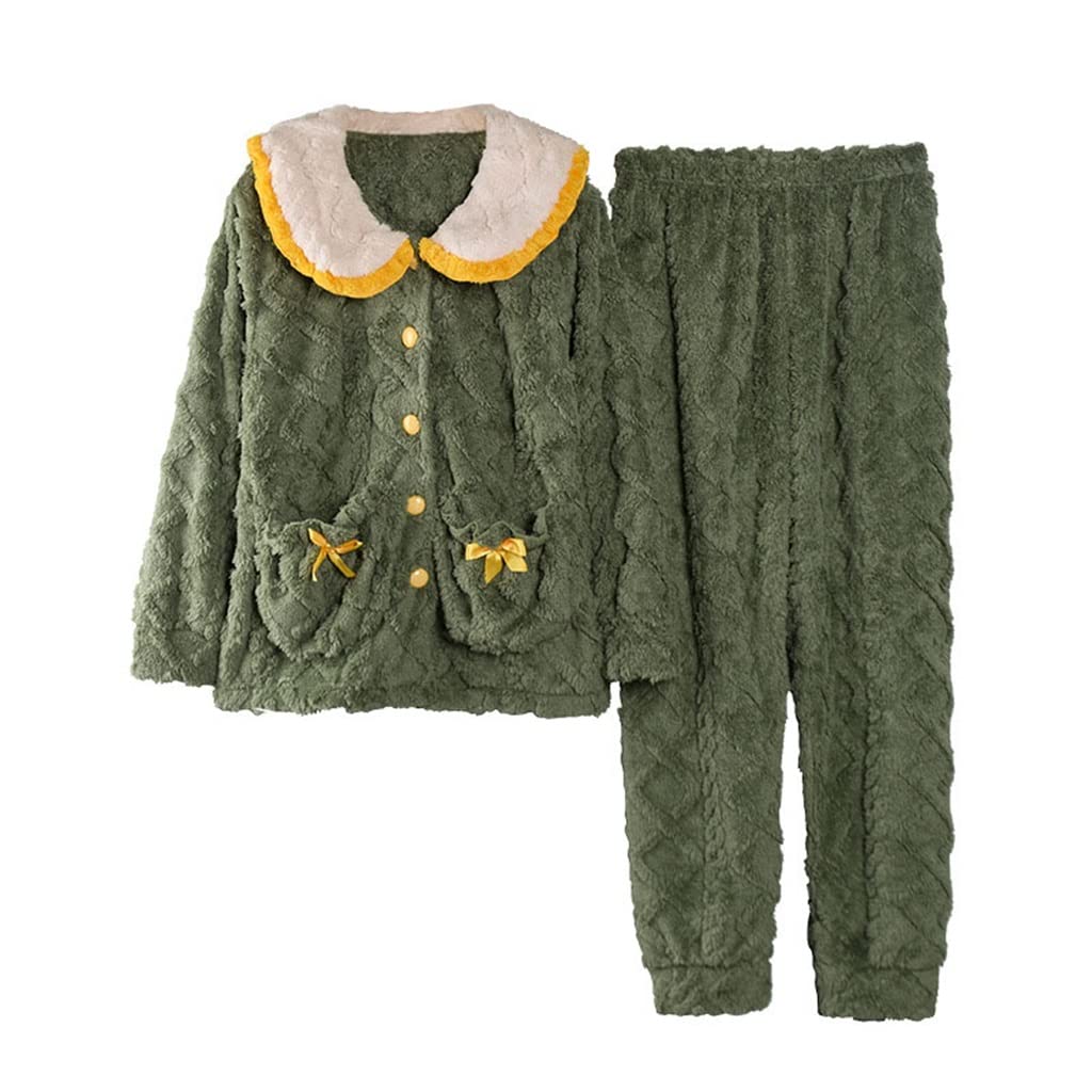 Tragen Sie warme und plüschige Herbst- und Winterpyjamas Damen-Hauskleidung Flanell-Pyjama-Set (Color : Green, Size : L Code)