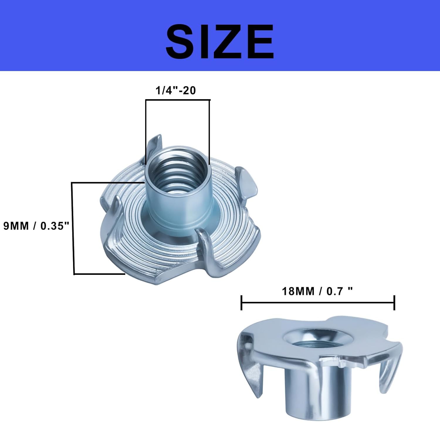 100pcs 1/4"-20 T-Nut, Zinc-Plated Steel Threaded Insert Corrosion Resistant,5/16" Barrel Length,4-Pronged Tee Nut for Wood,Rock Climbing Holds,Home,Cabinetry, Furniture,etc.