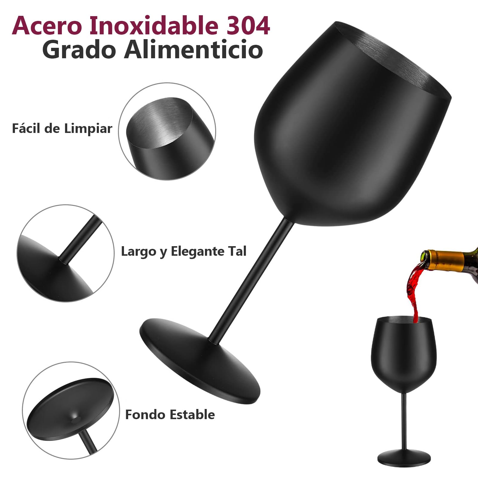 Juego de 4 Copas de Vino de Acero Inoxidable (550 ml/18 oz, Negro Mate), Copas de Vino Tinto y Blanco Irrompible, 9 cm de Profundidad x 21 cm de Alto, para Fiestas, Aniversarios, Bodas