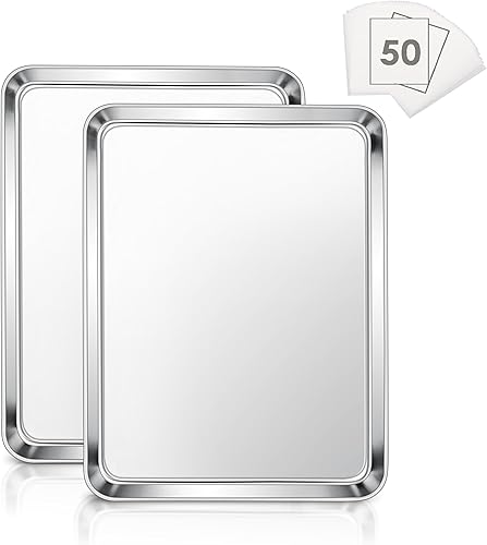 Miniatura 1 de E-far Juego de 2 bandejas para hornear galletas, bandejas de acero inoxidable de 12.4 x 9.7 pulgadas para horno con 50 papeles pergaminos, bandeja