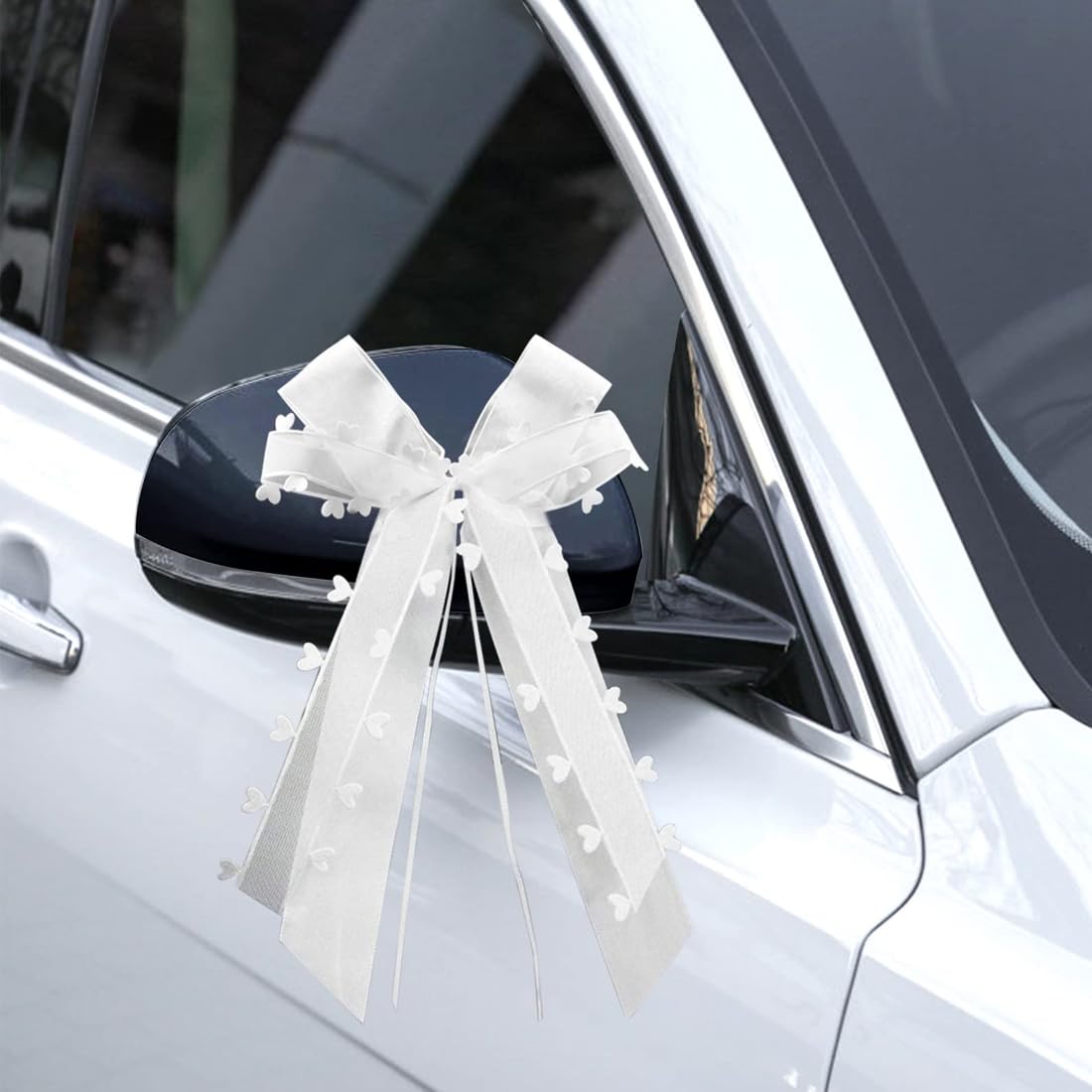 Nœuds de Voiture Mariage Décoration, Ruban avec Cœurs et Dentelle, Noeuds Décoratifs pour Voiture de Mariée (16×26 CM)