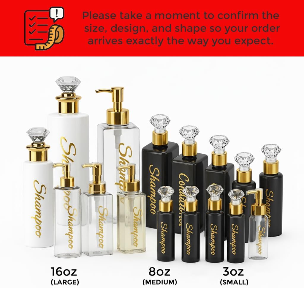 Shampoo and Conditioner Dispenser - Essentials Toiletry Bottles - Shower Refillable Shampoo and Body Wash Soap Pump Bottle – 3X 16oz Containers – Black Round Gold Cap 1