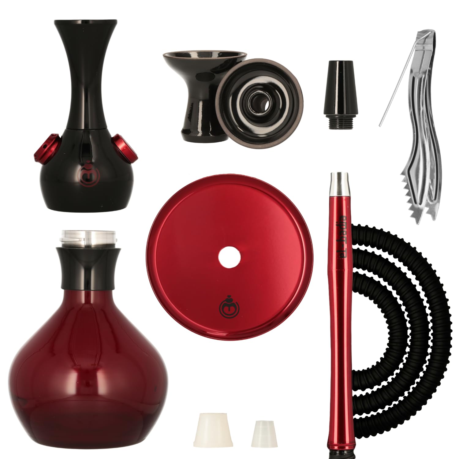 EL-BADIA C1 V2 Shisha 31cm – Kompakte & Moderne Hookah mit Aluminium-Säule, Click-Glasbowl, Phunnel-Kopf, Waschbarem Schlauch & Griff – Wasserpfeife im Ultra Modern Style (Black & Red)