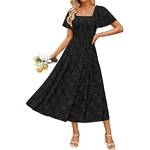 ZESICA Womens 2026 Summer Boho Wedding Guest Midi Dresses | Short Sleeve, Square Neck, Floral Flowy A Line Dress, Beach Vacation Dress, Graduation Long Dresse, Cute Casual with Pockets
