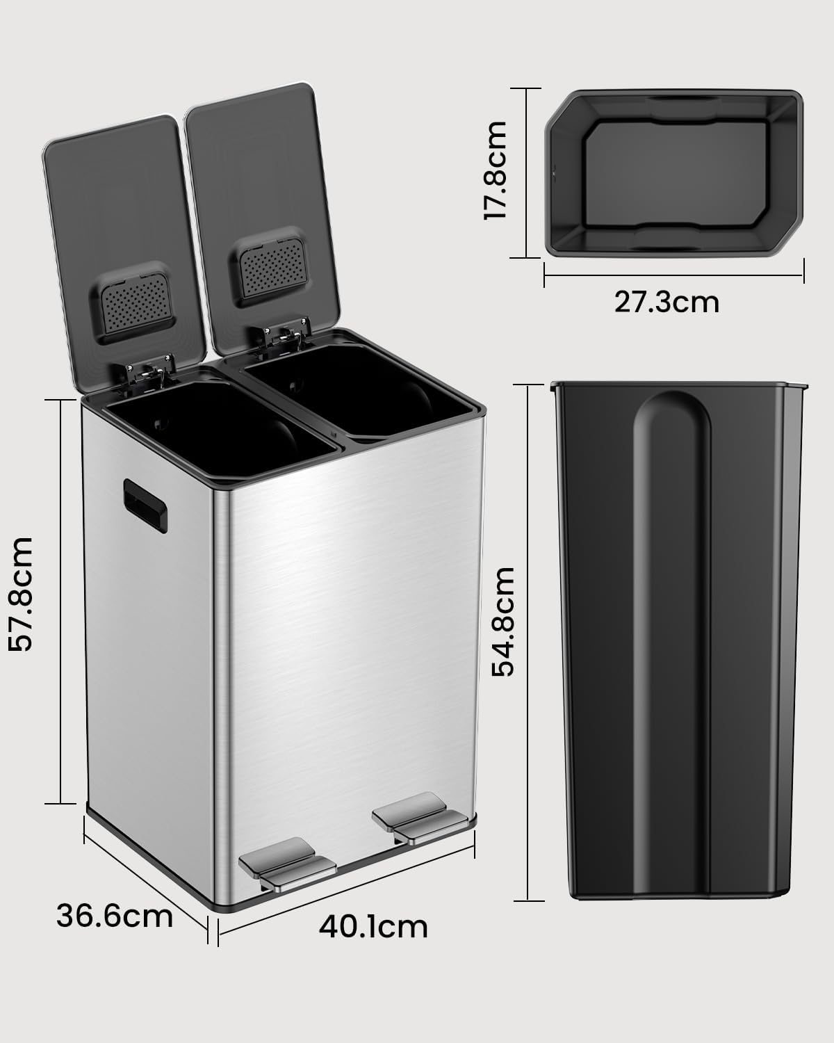 YEAUPE PRO Cubo de Basura Cocina 40L 2x20L, Cubo Basura Doble para Reciclaje, Papelera Cocina Acero Inoxidable con Pedal, 2 Compartimentos, Tapas Soft Close, Cubetas Extraíbles, Antiolores, 15 Bolsas