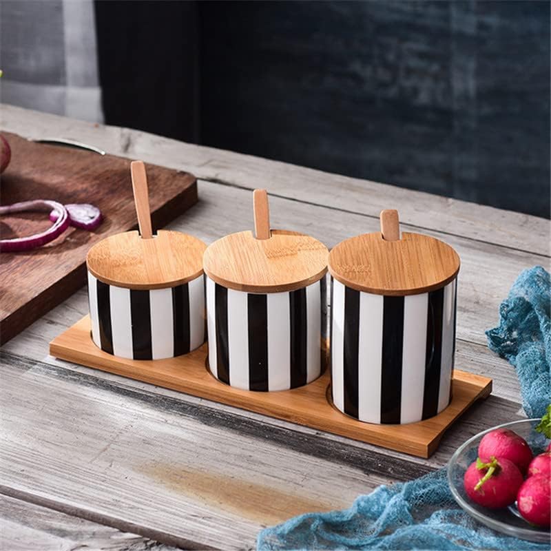 Nordic Ceramic Black and White Striped Spice Jar Set Salt Pepper Shaker Sugar Bowl Oil Soy Sauce Bottle Vinegar Pot Kitchen Tool (H)