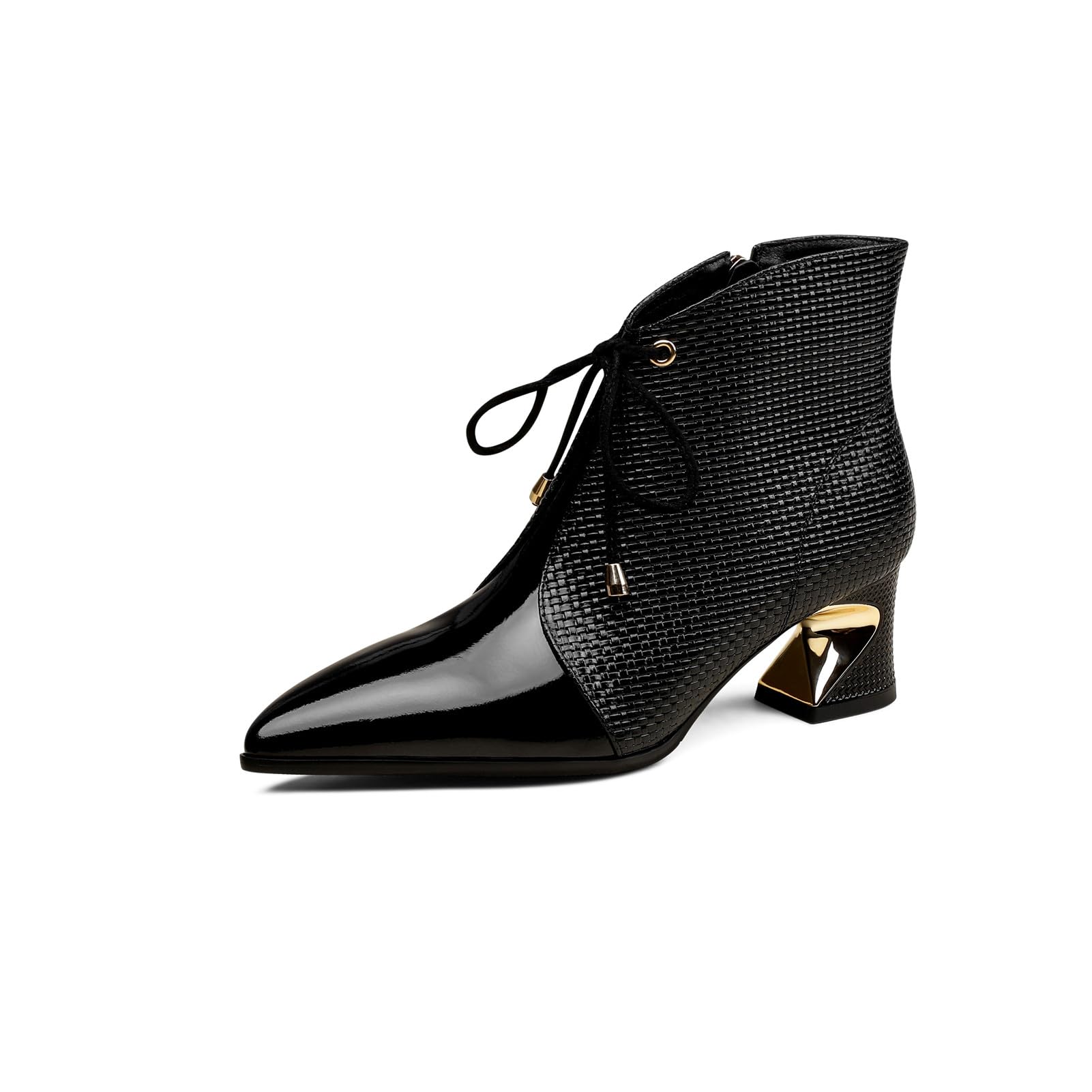 TinaCus Women's Pointed Toe Genuine & Patent Leather Handmade Selftie Zipper Mid Chunky Heels Ankle Boots