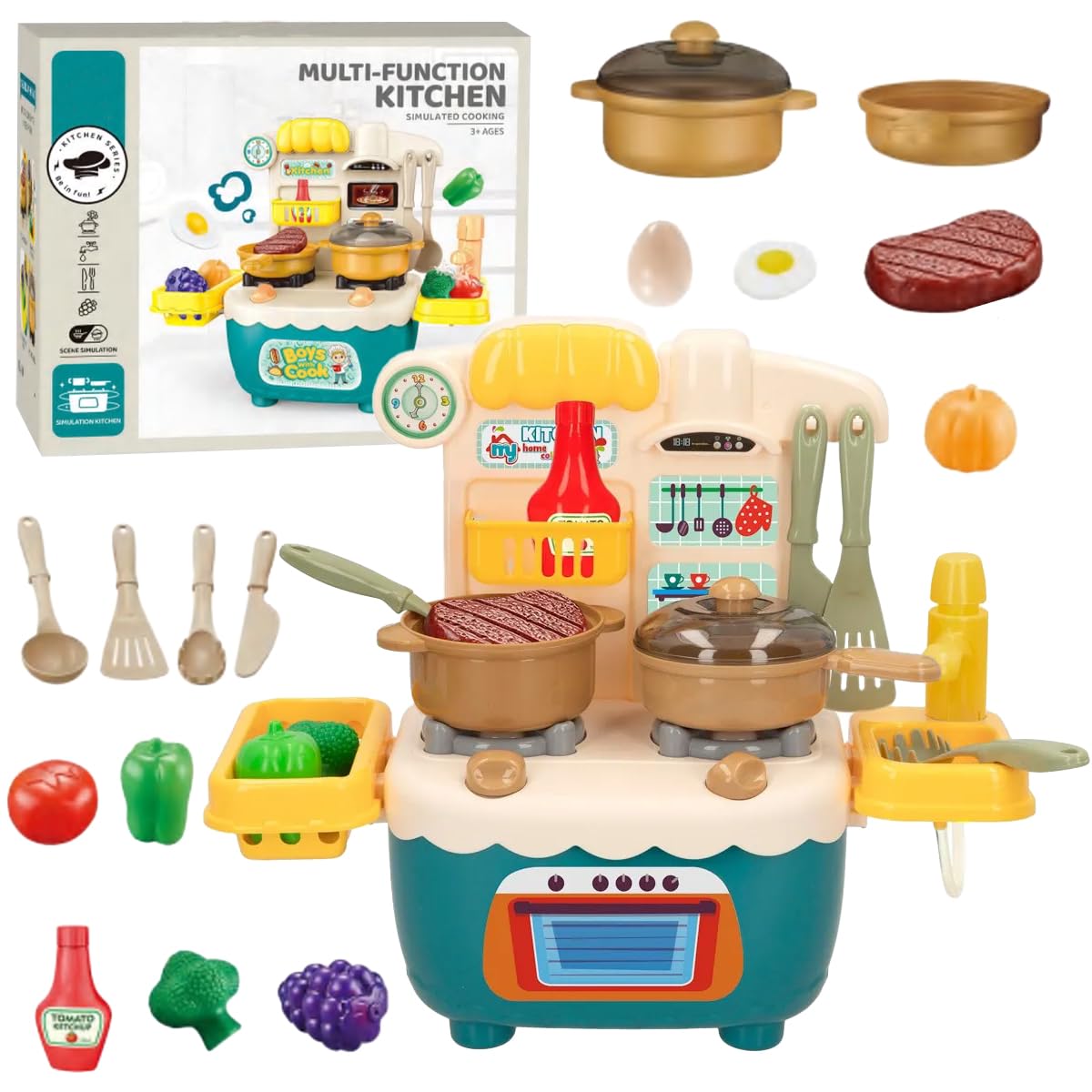 Toyana Play Kitchen Set for Kids - 18 PCs Realistic Mini Kitchen & Utensils Accessories with Running Water Play Sink, Interactive Cooking Role Play Gift Toy for Children 3+ Years