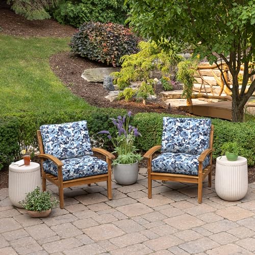 Image of ARDEN Outdoor Plush Modern Tufted Blowfill Deep Seat Set, 24 in x 24 in, Weather-Proof, Rain-Proof, Fade Resistant Patio Cushion, Ultra Cozy 24 x 24, Blue Garden Floral